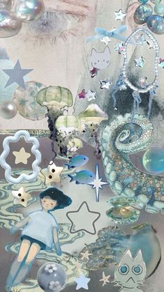 an abstract painting with many different things on it's surface, including bubbles and stars