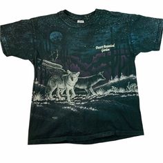 Great looking AOP single stitch wolf "Desert Botanical Garden" tee shirt.  Red bar Anvil made in USA tag, size XL men's tag but fits more like a modern men's large.  See measurements below. 27" length 20.5" width Desert Wolf, Dinosaur Graphic Tee, Sewing Tattoos, Cheetah Print Shirts, Sunset Shirt, Grafic Tees, Desert Botanical Garden, Red Bar, Last Unicorn