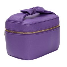 a purple cosmetic bag with a bow on the top and zippers down to it