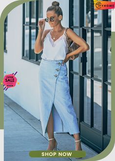 Sky Blue Buttoned Wrap Maxi Denim Skirt Maxi Denim Skirt, Denim Maxi, Denim Maxi Skirt, Drop Shoulder Sweaters, Distressed Denim Jacket, Denim Midi Skirt, Summer Fabrics, Cami Dress, Sheer Lace