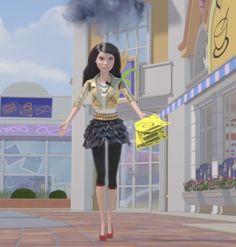 a cartoon girl is walking down the street with her hand in her pocket and holding a shopping bag