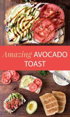 an avocado toast with tomatoes, lettuce and tomato slices on it