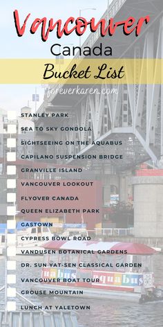 the vancouver canada bucket list with text overlaying it's locations and names