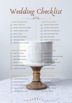 the wedding checklist is displayed on top of a table with a cake in it