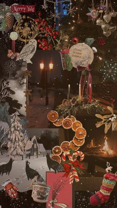 a collage of christmas decorations and candles