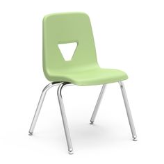 a green school chair with silver legs and a hole in the back end, on a white background