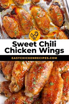 sweet chili chicken wings in a baking pan with the title overlay reading sweet chili chicken wings