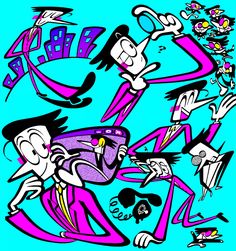 an image of some cartoon characters playing with each other on a blue and pink background