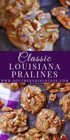 some pecans are sitting on a purple and white checkered table cloth with the words classic louisiana pralines