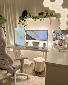 a white desk chair sitting in front of a computer monitor on top of a desk