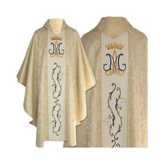 Marian Gothic style Chasuble with a matching stole Manufactured from a high quality fabric. The used material is airy, crease and stain resistant. It is applicable for standard washing and ironing, which makes it practical even in a frequent use. On the middle belt there is a liturgical Marian embroidery made with a golden metallic thread. This gives an appropriate liturgical character to the garment. The belt is separated with golden fabric ribbons on both sides. An inner stole comes in set wit Catholic Vestments, Priest Vestments, Islamic Wear, Liturgical Colours, Altar Design, Purple Gothic, Clergy Stoles, Dress Attire, White Damask