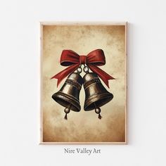 a painting of two bells with a red bow on it's head and the words, nire valley art