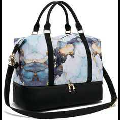 -The Marble Overnight Bag Dimension: 17.5 X 15.5 X 8.5 Inch, With Pu Leather Shoulder Strap.It As Well As Holding A Laptop Up To 15.6 Inches,Perfect Carry On Bag For A Short Trip. Weight:2.64 Lb. -The Carry On Bag Was Made Of Water-Resistant Durable Polyester+Pu Leather, Sturdy Lining, Be Unconventional And Make An Individual Statement Of Fashion. -Easy Transporta Strap Allows Bag To Slide Over The Luggage Upright Handle Tube For Easy Transport Without Packable. Bottom Unique Design - Separate S Perfect Carry On Bag, Adidas Duffle Bag, Carry On Tote, Louis Vuitton Travel Bags, Vera Bradley Travel Bag, Louis Vuitton Travel, Overnight Travel Bag, Anti Theft Bag, Weekend Travel Bags