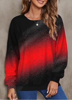 Color:Red;Size:S;Size:M;Size:L;Size:XL;Size:XXL;Package Contents:1 X Sweatshirt;Occasion:Work;Style:Vintage; Black And Red Ombre, Minimalist Winter, Pullover Mode, Winter Pullover, Red Ombre, Round Neck Sweatshirts, Plus Size Womens Clothing, Women Hoodies Sweatshirts, Winter Sweaters