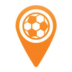 an orange map marker with a soccer ball on it's top and bottom corner