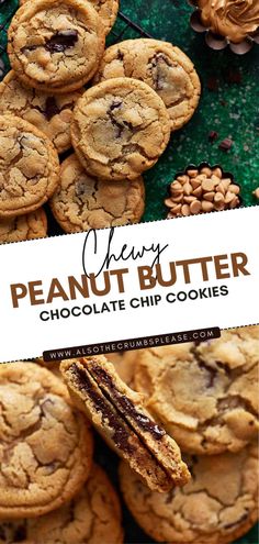 chocolate chip cookies are stacked on top of each other with the words, merry peanut butter chocolate chip cookies