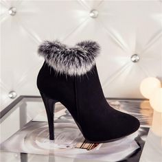 Meotina Women's Stylish High Heels Ankle Boots Winter High Heels, Boots Shoes Women, High Heels Ankle Boots, Fur Ankle Boots, Boots For Short Women, Suede High Heels, Winter Ankle Boots, Black Stilettos, Pointed Toe Boots