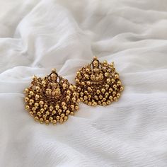 Golden Grape Bunch Lakshmi Earrings Earrings Design Gold Indian, Gold Earrings Designs Modern, Lakshmi Design Gold Earrings, Gold Studs Earrings Indian Round, Lakshmi Earrings Gold, Lakshmidevi Earrings, Gold Lakshmi Devi Jumkas, Lakshmi Studs Gold, Laxmi Devi Earrings Gold Studs