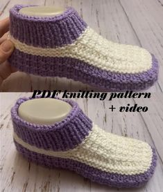 crocheted slippers with white and purple stripes are shown in two different views