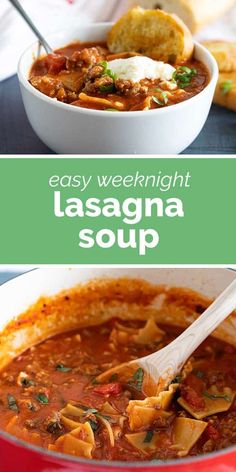 easy weeknight lasagna soup in a red pot with a spoon and bread on the side