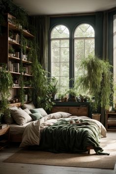 a bedroom with large windows and lots of plants