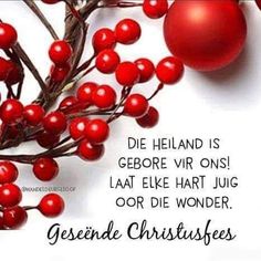 a red christmas ornament hanging from a branch with berries on it and the words, die heliand is gebore vrr omsi