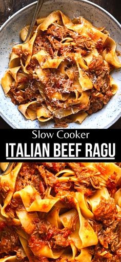 slow cooker italian beef ragu in a white bowl with the title above it