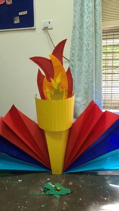 Paper craft 
Fire theme decoration 
Event decoration 
College event 
College decoration ideas Olympic Decorations, Girls Camp Crafts, Olympic Theme, College Event