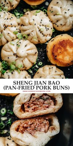 an image of steamed pork buns on a plate with text overlay that reads, sheing jian bao pan fried pork buns