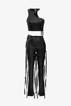 Unleash your inner fashionista with this show-stopping women's two-piece matching set. This black ensemble combines a unique crop top and high-waisted pants, designed to make you the center of attention. The top is a stunning sleeveless, asymmetrical halter with a crewneck, crafted from a stretchy faux leather material. It features a striking cutout design and strappy draped detailing that adds an edgy twist, complete with a back tie for a perfect fit. The high-waisted pants are equally captivating, featuring a strappy lace-up design that wraps around the legs, adding a dynamic and avant-garde touch. Made from a slightly stretchy blend of polyester and spandex, these slim-fit, flare pants with hem split ensure a sleek silhouette that elongates the legs. This two-piece set is perfect for ma Black Cropped Bottoms For Party, Cropped Black Bottoms For Party, Black Two-piece Crop Top For Summer, Cropped Two-piece Set For Night Out, Summer Black Two-piece Crop Top, Black High-waist Crop Top For Night Out, Black Fitted Two-piece Set, Fitted Black Two-piece Set, Night Out Cropped Two-piece Bottoms Set