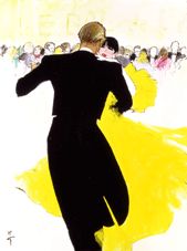 a man in a black suit and yellow dress is dancing with other people behind him