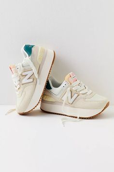 New Balance 574+ Sneakers | Free People Preppy New Balance Shoes 574, Tennis Shoes Women's, Colorful New Balance Shoes Outfit, Cute Girls Shoes, Cool Women’s Sneakers, Free People Sneakers, New Balance Shoes Platform, Fall Fashion Sneakers, New Balance Shoes Colorful