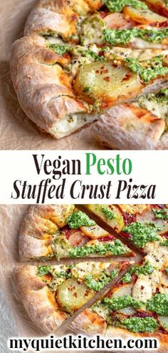 vegan pesto stuffed crust pizza with fresh herbs