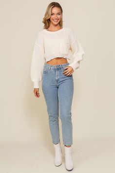 Specifications: lightweight ivory sweater crop fit pocket detail distressed hem drop shoulder White Cropped Relaxed Fit Sweater, White Relaxed Fit Cropped Sweater, Casual Cropped Cream Sweater, Cream Cropped Crop Top For Fall, Ivory Sweater, Sweater Crop, Crop Sweater, Fashion Fits, Pocket Detail