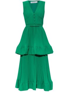 dark green chiffon fully pleated tiered skirt front button placket V-neck sleeveless belted waist ruffled detailing A-line skirt ruffle hem mid-length Midi Dress Green, Green Dress Casual, Self Portrait Dress, Chiffon Midi Dress, Wardrobe Edit, Midi Length Skirts, Pleated Fabric, Satin Midi Dress, Green Midi Dress