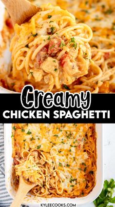 creamy chicken spaghetti in a white casserole dish with a wooden spoon