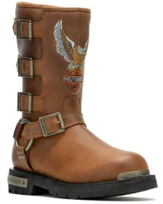 Full-grain leather upper. Rubber outsole. Zipper closure on interior. 10" shaft height. 1.5" stockman heel. Mesh lining. Womens Cowgirl Boots, Rounded Toe Boots, Harley Davidson Women, Wood Bridge, Design Silver, Moto Boots, Cowgirl Boots, Embroidery Logo, Full Grain Leather