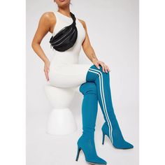 Stylish Blue Knee-High Boots With Signature Stripes. Perfect For A Bold Look. New And In Great Condition. Has Good Stretch Blue Knee High Boots, Fashion Nova Shoes, Good Stretches, Shoes Fashion, Over The Knee Boots, Over The Knee, Knee High Boots, High Boots, Knee Boots