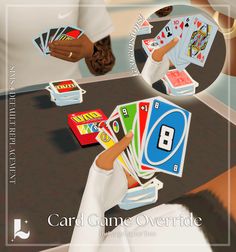 the card game overridde is being played by a woman with her hands full of cards