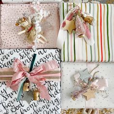 several different types of wrapping paper with bows