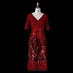 Dark Red V-Neck Medium Sleeves Floral Sequins Midi Mother Dress M3889 Back Zipper Dark Red Velvet Dress, Dark Red Velvet, Mother Dress, Red Velvet Dress, Mothers Dresses, Velvet Dress, Dark Red, Lady In Red, Red Velvet