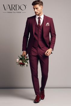 Suits for men, Burgundy men's Suit, 3 Piece suit, party wear suit, Fashionable suit for men, Prom suit, men elegant suit Command attention in our Men's Dapper Burgundy Notch Lapel Three-Piece Suit, a distinct blend of sophistication and modern flair. Expertly tailored for a perfect fit, this suit is a dynamic wardrobe addition for both formal and business settings. The striking burgundy color combined with the notch lapel design offers a contemporary twist on the classic suit. Made with superior quality fabric, it promises lasting comfort and durability. This three-piece suit is a testament to refined style, making it a must-have for every fashion-conscious gentleman. With its trendy color, notch lapel, and unmatched tailoring, this burgundy three-piece suit is a sound investment in your s Men’s Burgundy Suit, Debs Suits, Three Piece Suit Mens Wedding, Red Suit Men, Maroon Wedding Suit, Burgundy Suit Men, Burgundy Suits, Dark Red Suit