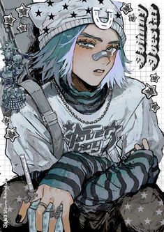 an anime character with blue hair and piercings on his head, holding a knife