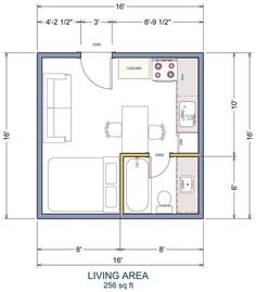 the floor plan for a living area with two beds and a kitchenette in it