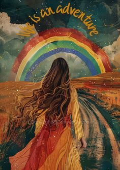 a painting of a woman walking down a road with a rainbow in the sky behind her