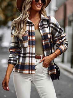 Women's Plaid Shacket Lapel Long Sleeve Thick Plaid Jacket Coat Outwear Plaid Shacket, Plus Size Coats, Plaid Blouse, Spring Outfits Women, Plaid Fashion, Elegant Shirt, Plaid Jacket, Long Sleeves Jacket, Casual Shirt