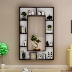 a living room filled with furniture and a large mirror on the wall over a book shelf