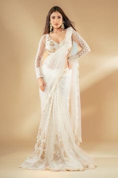 Ivory pre-draped saree featuring lucknowi embroidered floral patterns highlighted by sequin scatter and stone embellishments. Comes with matching embroidered padded blouse. - Aza Fashions Elegant White Draped Saree, White Pre-draped Saree With Sheer Dupatta, Elegant White V-neck Blouse Piece, Festive White V-neck Blouse Piece, Drape Saree, Aza Fashion, Blouses For Women, Types Of Sleeves, V Neck