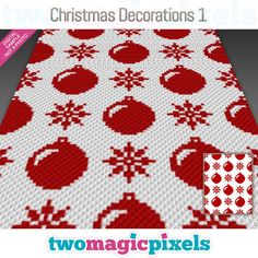 a red and white knitted christmas pattern with snowflakes, balls and ornaments