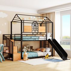 a child's bedroom with a bunk bed and slide in the corner, next to a window